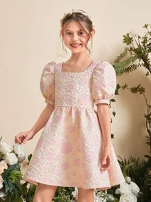 SHEIN 女孩花卉圖案提花方領泡泡袖洋裝 - 淺粉色 - 查看 3