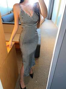 DAZY Houndstooth Print Zip Back Split Thigh Cami Dress - Black and White - View 7