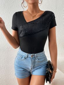 SHEIN Essnce Contrast Sequin Asymmetrical Neck Tee - Black - View 6