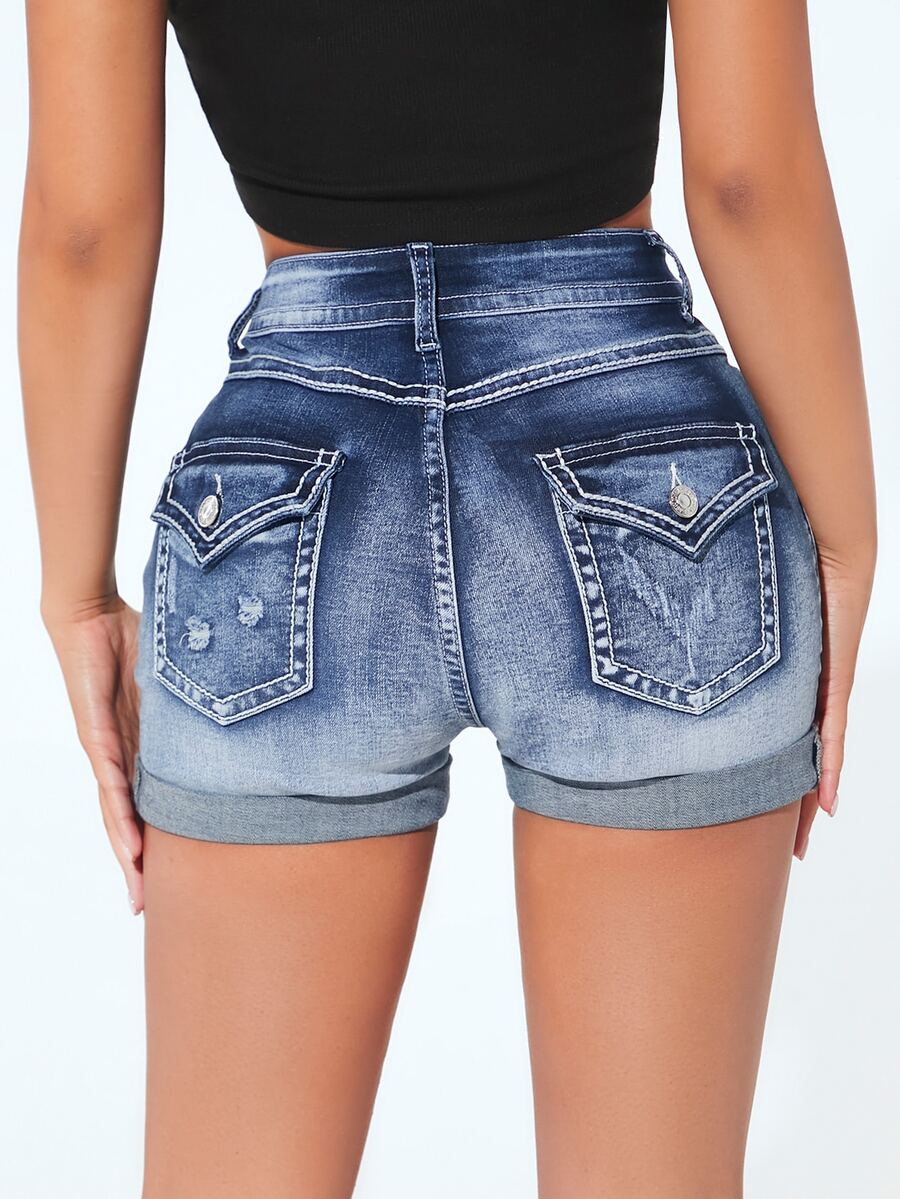 SHEIN PETITE Ripped Flap Pocket Roll Up Hem Denim Shorts - Medium Wash - View 1