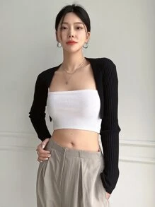 DAZY Solid Open Front Crop Cardigan - Black - View 6