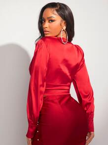 SHEIN SXY Plunge Neck Ruched Crop Blouse - Red - View 2