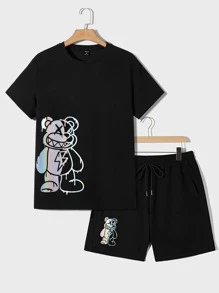 Manfinity VCAY 男士反光小熊印花T恤和腰部抽繩短褲 - 黑色 - 查看 3