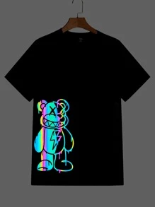 Manfinity VCAY 男士反光小熊印花T恤和腰部抽繩短褲 - 黑色 - 查看 5