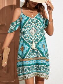SHEIN VCAY Đầm Hoa Bộ lạc Boho - màu xanh lá - Xem 4