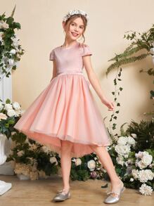 SHEIN Girls Bow Back Mesh Overlay Dress - Baby Pink - View 2