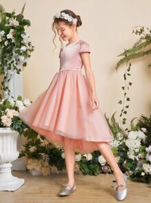SHEIN Girls Bow Back Mesh Overlay Dress - Baby Pink - View 3
