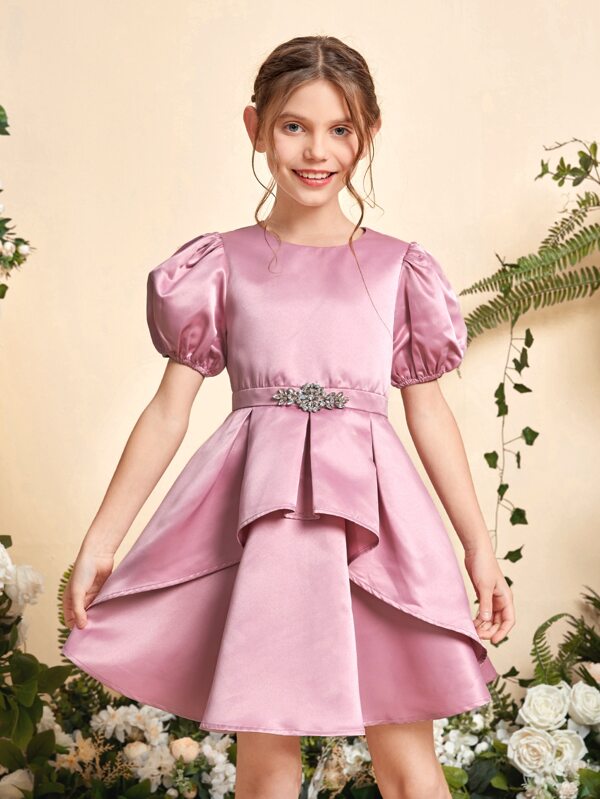 SHEIN Kids Nujoom Girls Puff Sleeve Rhinestone Detail Peplum Waist