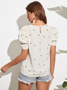 SHEIN LUNE 愛心圖案泡泡袖襯衫 - 杏色 - 查看 2