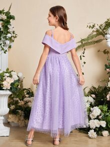 SHEIN 女孩挖肩波點網紗覆蓋連衣裙 - 紫丁香色 - 查看 3