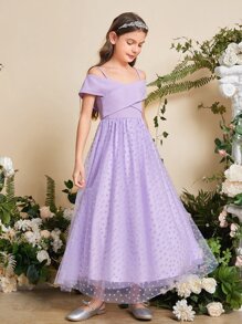 SHEIN 女孩挖肩波點網紗覆蓋連衣裙 - 紫丁香色 - 查看 4