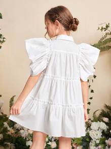 SHEIN Girls Frill Trim Ruffle Hem Dress - White - View 2