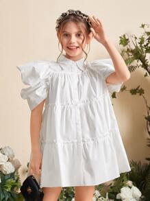 SHEIN Girls Frill Trim Ruffle Hem Dress - White - View 4