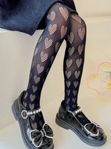 Niñas Medias con patrón de corazón - Negro - Ver 1