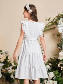 SHEIN Đầm Gái Thắt lưng Tương phản ren Xù Viên lá sen màu trơn Dễ thương - trắng - Xem 2