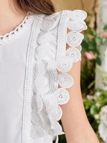 SHEIN Đầm Gái Thắt lưng Tương phản ren Xù Viên lá sen màu trơn Dễ thương - trắng - Xem 5