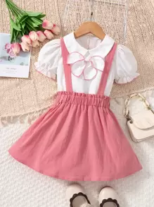 小女童前蝴蝶結泡泡袖襯衫和紙袋腰背带半身裙 - 彩色 - 查看 1