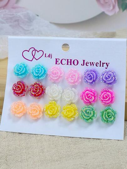 9 对/套花朵设计耳钉情人节、妈妈、母亲、母亲节、礼物