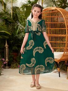 Girls 1pc Leaf Print Mesh Overlay Dress - Dark Green - View 1