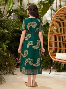Girls 1pc Leaf Print Mesh Overlay Dress - Dark Green - View 2