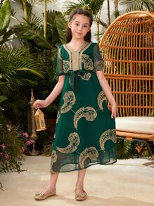 Girls 1pc Leaf Print Mesh Overlay Dress - Dark Green - View 5