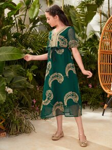 Girls 1pc Leaf Print Mesh Overlay Dress - Dark Green - View 7
