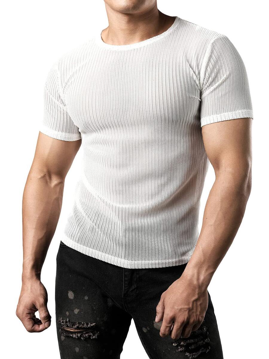 NITAGUT 男士素色麻花編織T恤 - 白色 - 查看 1