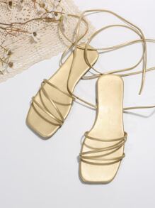 仙女风系带平底凉鞋，夏季新款温柔时尚小众罗马沙滩凉鞋，适合约会、购物、聚会、派对、居家、休闲度假 - 金色 - 查看 6