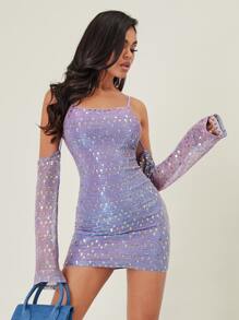 SHEIN X Galloways Cold Shoulder Sequin Bodycon Dress - Lilac Purple - View 4