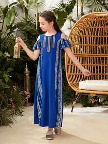 Girls 1pc Geo Print Cold Shoulder Dress - Blue - View 5