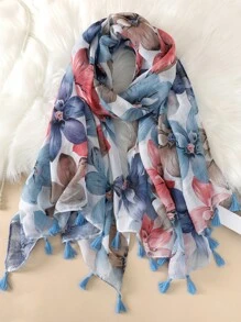 Floral Print Tassel Decor Scarf For Daily Life For Outdoor And Traveling Boho Valentine's Day - Multicolor - View 2