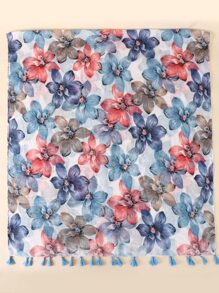 Floral Print Tassel Decor Scarf For Daily Life For Outdoor And Traveling Boho Valentine's Day - Multicolor - View 3