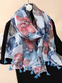 Floral Print Tassel Decor Scarf For Daily Life For Outdoor And Traveling Boho Valentine's Day - Multicolor - View 4