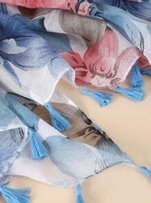 Floral Print Tassel Decor Scarf For Daily Life For Outdoor And Traveling Boho Valentine's Day - Multicolor - View 6