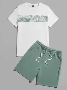 Manfinity VCAY Men Tropical Print Tee & Drawstring Waist Shorts Summer Outfit