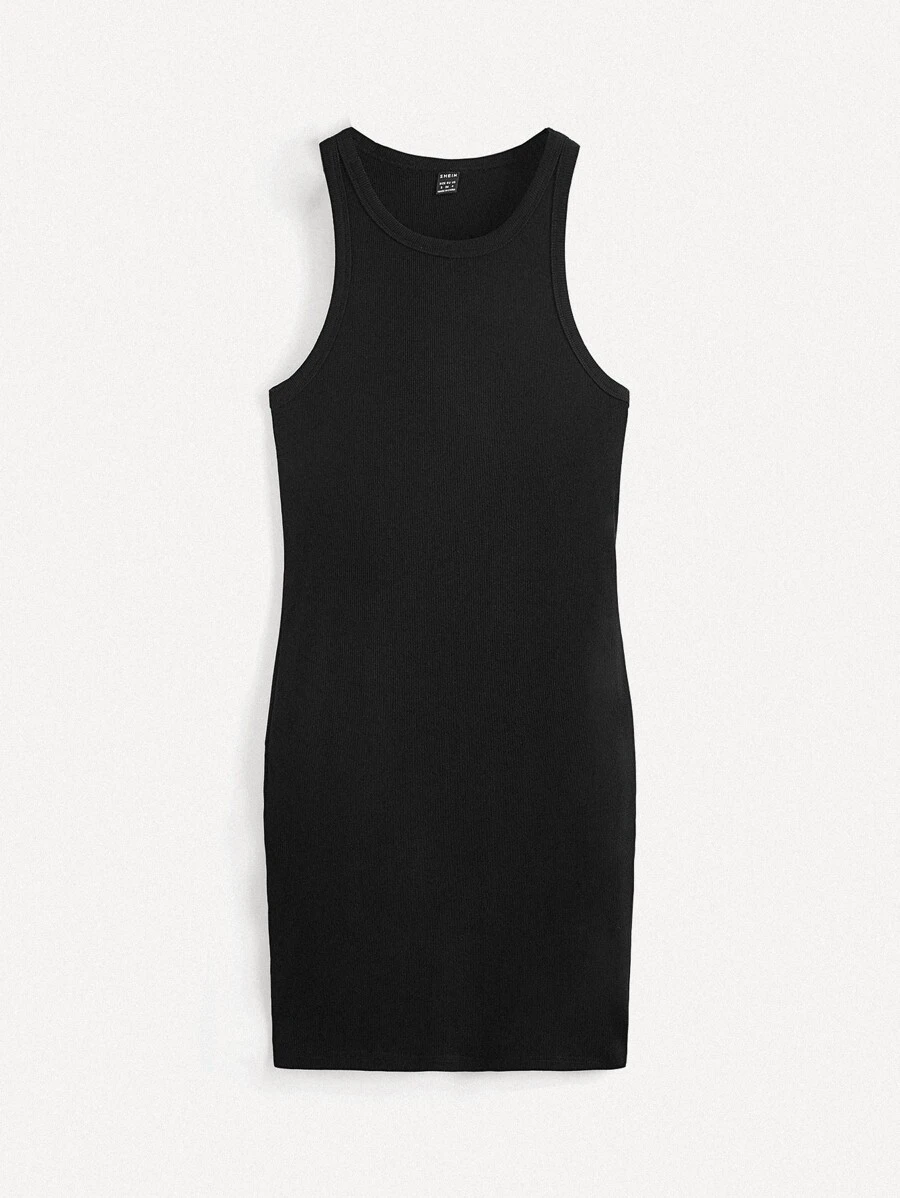 SHEIN BASICS Solid Round Neck Tank Bodycon Summer Dress - Black - View 1
