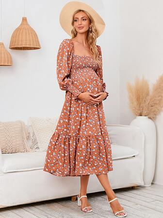 Maternity Floral Print Flounce Sleeve Ruffle Hem Dress