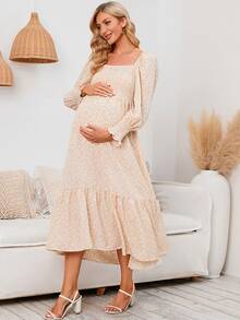 孕妇碎花印花方领荷叶边下摆连衣裙