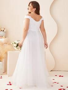 Plus Size Lace Patchwork Off Shoulder A-Line Floor-Length Wedding Dress, Formal Bridal Gown For Bachelorette Party, Engagement Party, Brunch, Rehearsal Dinner - White - View 3