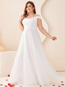 Plus Size Lace Patchwork Off Shoulder A-Line Floor-Length Wedding Dress, Formal Bridal Gown For Bachelorette Party, Engagement Party, Brunch, Rehearsal Dinner - White - View 4