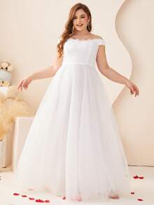 Plus Size Lace Patchwork Off Shoulder A-Line Floor-Length Wedding Dress, Formal Bridal Gown For Bachelorette Party, Engagement Party, Brunch, Rehearsal Dinner - White - View 6