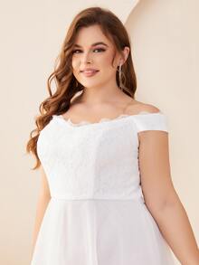 Plus Size Lace Patchwork Off Shoulder A-Line Floor-Length Wedding Dress, Formal Bridal Gown For Bachelorette Party, Engagement Party, Brunch, Rehearsal Dinner - White - View 7