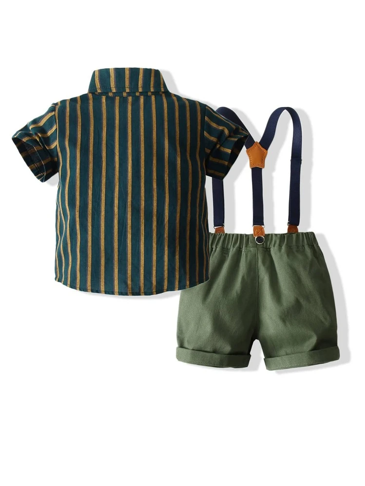 Feest Gestreept Kleuterjongen tweestuk set Voorpand met Knoopjes Zak Strik Vooraan - Leger groen - Bekijken 2