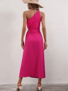 SHEIN Privé Vestido de un hombro con abertura con cordón lateral de muslo con abertura - Rosa Fucsia - Ver 2