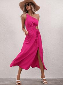 SHEIN Privé Vestido de un hombro con abertura con cordón lateral de muslo con abertura - Rosa Fucsia - Ver 4