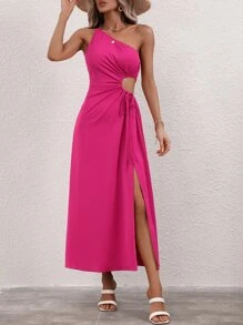 SHEIN Privé Vestido de un hombro con abertura con cordón lateral de muslo con abertura - Rosa Fucsia - Ver 1