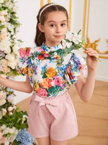SHEIN Bộ hai mảnh Gái Thắt lưng Nút Xù Hoa Boho - Nhiều màu - Xem 4