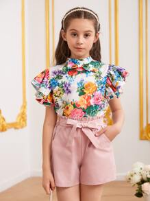 SHEIN Bộ hai mảnh Gái Thắt lưng Nút Xù Hoa Boho - Nhiều màu - Xem 2