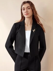 MOTF PREMIUM VISCOSE-BLEND GLITTER BLAZER WITH BROOCH - Black - View 6