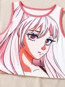 女孩人像圖案撞色滾邊背心上衣 - 白色 - 查看 4